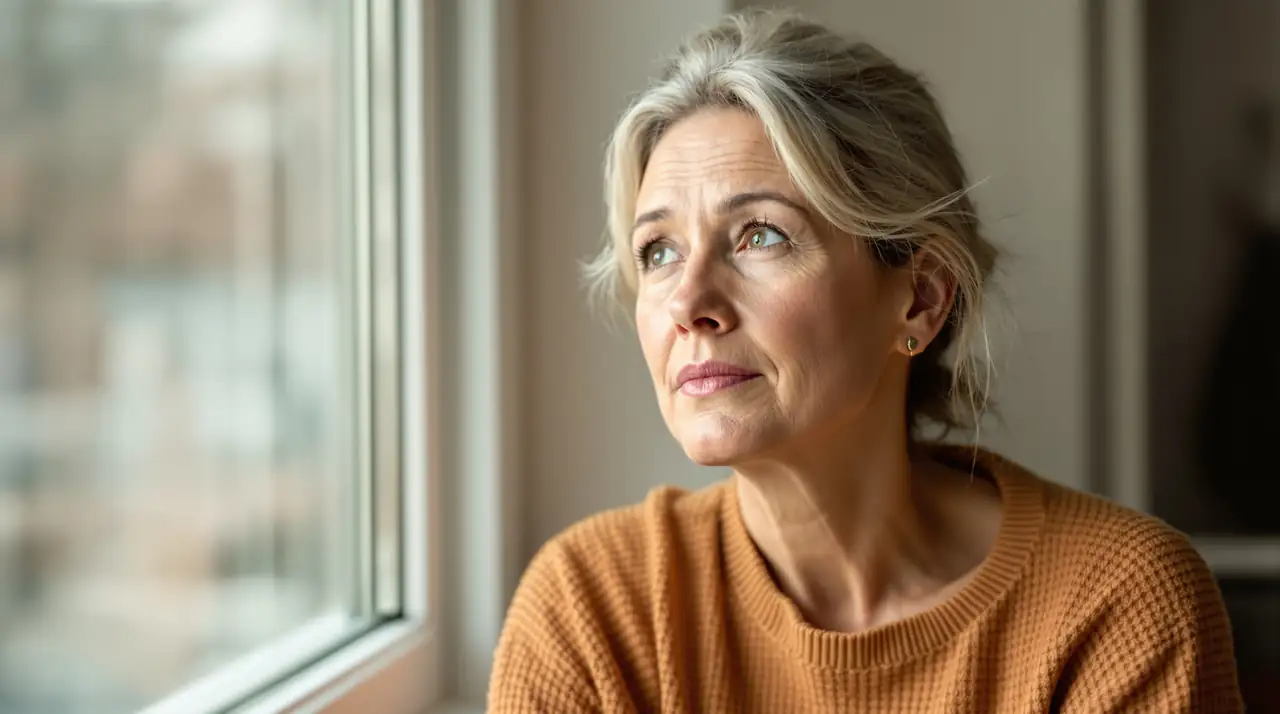 Vrouw van rond de vijftig zit bij het raam in zacht ochtendlicht